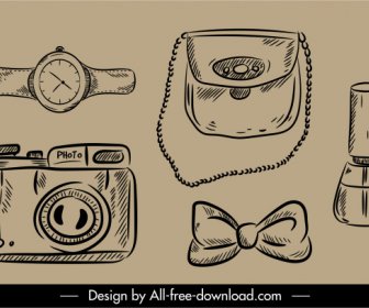 Personal Objects Icons Black White Retro Handdrawn Outline