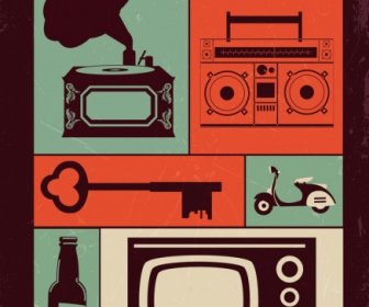 Personal Objects Icons Colored Flat Retro Design
