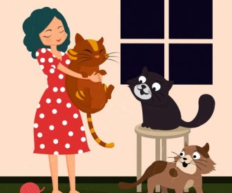 Pets Drawing Lady Cats Icons Colored Cartoon