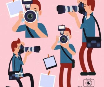 Photographer Icons Various Gestures Colored Cartoon