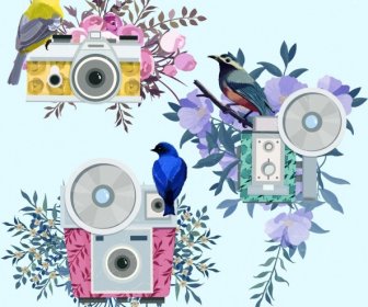 Elementos De Diseño De Camara De Fotografia De Aves Multicolor Flor Iconos