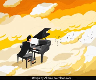 Piano Performance Painting Thick Clouds Decor Cartoon Design