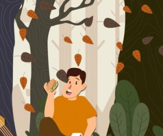 Picnic Background Eating Man Falling Leaves Colored Cartoon