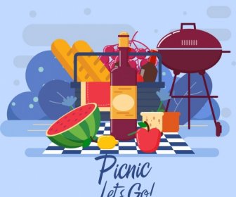 Picnic Background Food Basket Barbecue Icons Decor