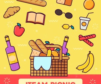 Picnic Background Food Icons Colored Flat Design
