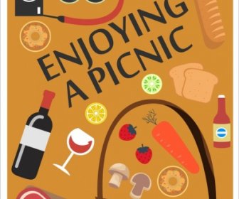 Piknik Afiş Yemek Sepeti Simgeler Klasik Düz Tasarım