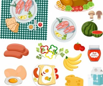 피크닉 디자인 요소 음식 아이콘 스케치 다채로운 디자인