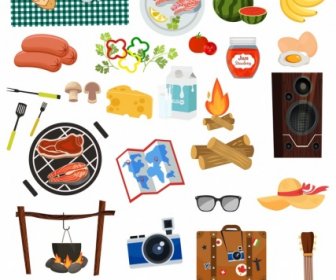 Elementos De Design De Piquenique Alimentos Utensílios Pessoais ícones