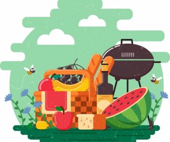 Picnic Design Elements Fresh Fruits Wine Barbecue Icons