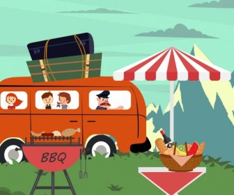Picnic Drawing Bus Trip Barbecue Outdoor Food Icons