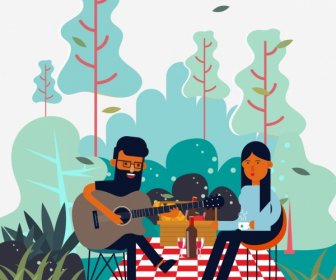 Picnic Drawing Joyful Couple Guitarist Icons Colored Cartoon
