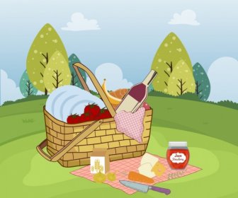 Picnic Painting Colored Static Design Basket Food Icons