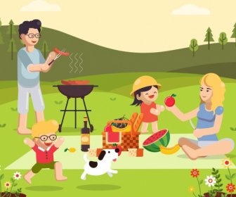 Picnic Painting Joyful Family Food Barbecue Icons Decor