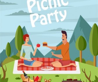 Picnic Party Drawing Couple Icon Colored Cartoon Design
