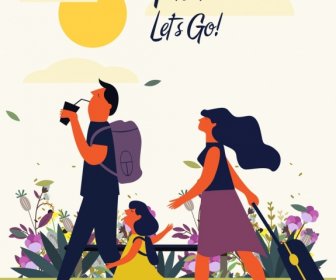 Piknik Keluarga Poster Ikon Berwarna Kartun Desain