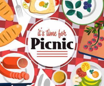 Picnic Time Poster Food Sketch Colorful Flat Design