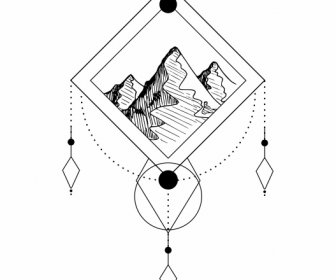 画像タトゥーテンプレート山のシーンスケッチフラットクラシック