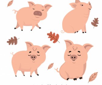 Piggy Icons Lovely Handdrawn Cartoon Sketch