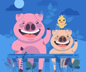 豚の背景かわいい様式化された漫画のキャラクター