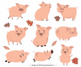 Pigs Icons Cute Cartoon Sketch