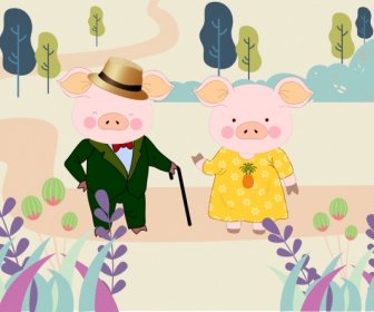 돼지 그림 양식에 일치시키는 만화 캐릭터