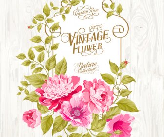 Pink Flower Cards With Wood Background Vector