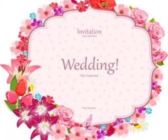Pink Flower Frame Wedding Invitation Cards Vector
