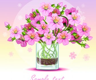 유리 컵 디자인 벡터와 핑크 꽃
