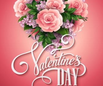 Pink Bunga Dengan Bentuk Hati Hari Valentine Kartu Vektor