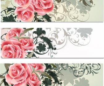 Pink Flowers With Floral Banners Vector