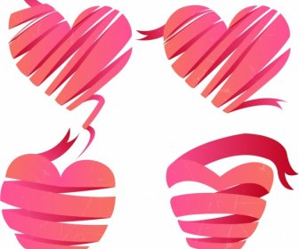 Pink Hearts Icons 3d Twisted Ribbons Sketch