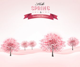 Pohon-pohon Musim Semi Gaya Pink Vektor Latar Belakang