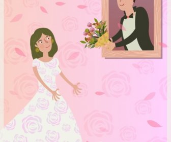 بطاقة الزفاف الوردي تغطية القالب العريس العروس الايقونات