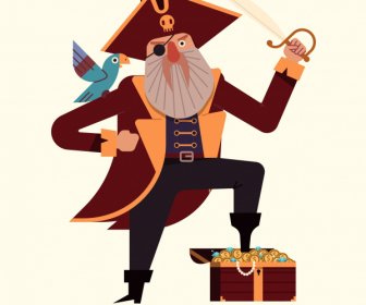 Pirata Capitano Icona Colorato Cartoon Personaggio Schizzo