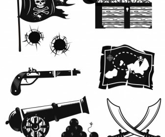 Elementos De Diseño Pirata Blanco Negro Retro Símbolos Bosquejo