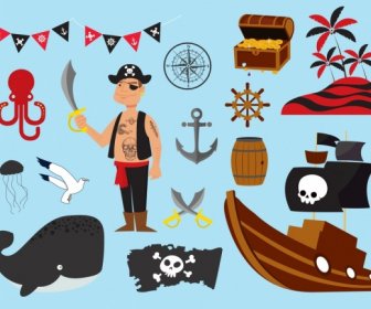 Pirate Design Elements Colored Cartoon Icons