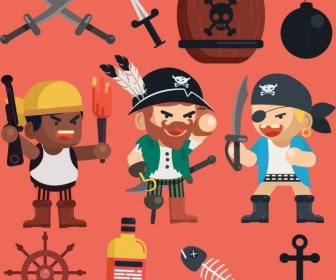 Pirate Design Elements Men Sword Anchor Explosive Icons