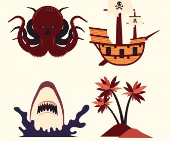 해적 디자인 요소 문어 상어 배 섬 스케치