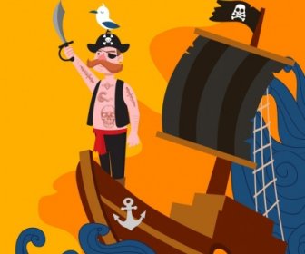 Pirat Tattoo Mann Segelboot Wellen Farbige Karikatur Zeichnung