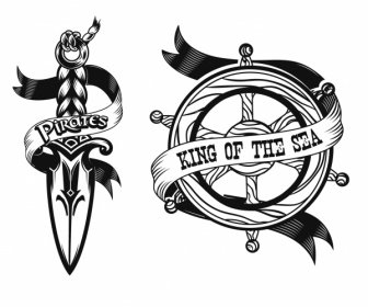 Piraten-Ikonen Schwarz Weiß Schwert Lenkrad Skizze