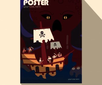 해적 포스터 돛선 거대한 문어 장식