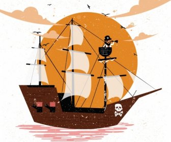 Pirata Navio Desenho Colorido Design Retro