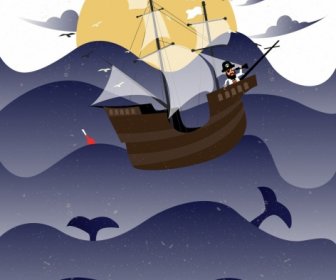 Barco Pirata Dibujo Ondulado Playa Ballenas, Aves Marinas Iconos