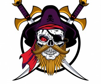 Pirate Skull Icon Frightening Face Sketch Swords Decor