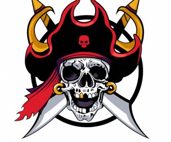 Pirate Skull Icon Scary Face Sketch Swords Decor