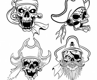 القراصنة الجمجمة الرموز الأبيض الأسود رسم تصميم مخيف
