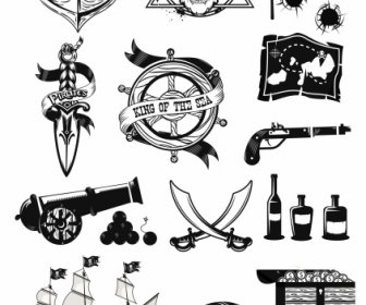 pirates design elements black white retro symbols sketch