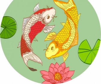 Pisces Zodiac Sign Background Multicolored Fishes Icons Decor