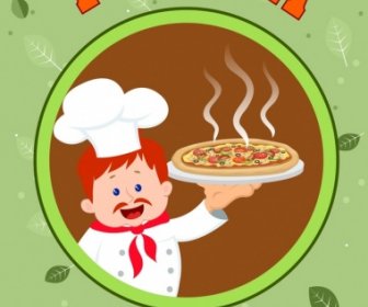 Annuncio Di Pizza Cuoco Icone Cibo Decorazione Foglie