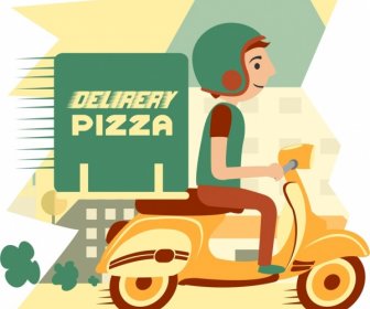 Pizza Publicidad Hombre Librar Scooter Icono Coloreado De Dibujos Animados